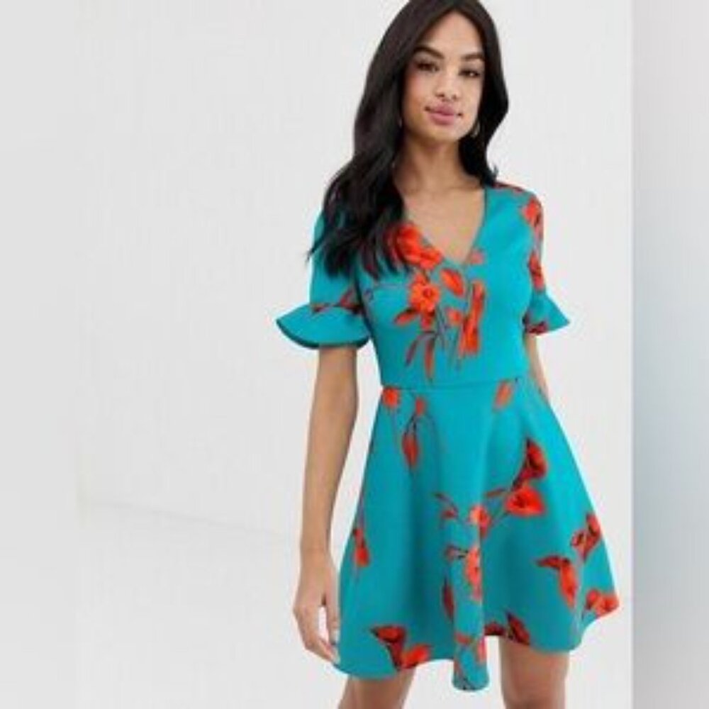 Ted Baker Chynna Floral Fantasia Teal and Red Swing Skater Dress Size 0